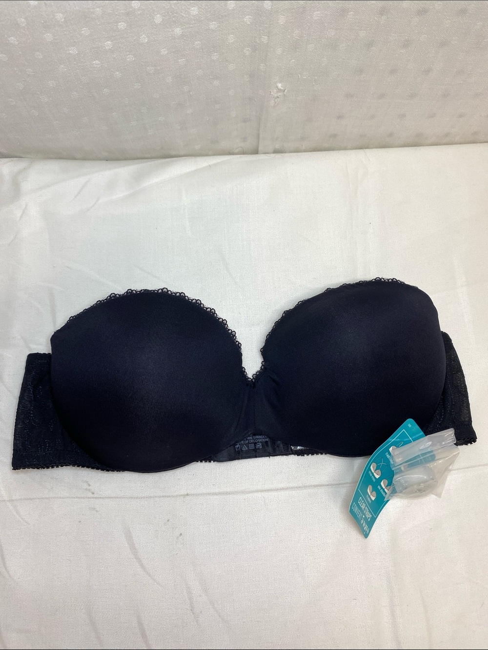 Vanity Fair Black Lace-Trim Push-Up Bandeau Bra Clear Straps/Strapless Size 36B